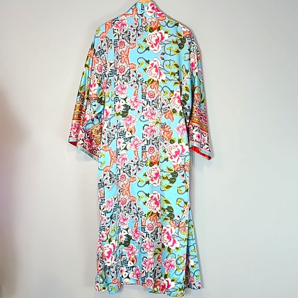 Natori Floral Kimono Sleeve Satin Robe Luxury Maximalist Vacation Lounge Silky - Picture 7 of 9